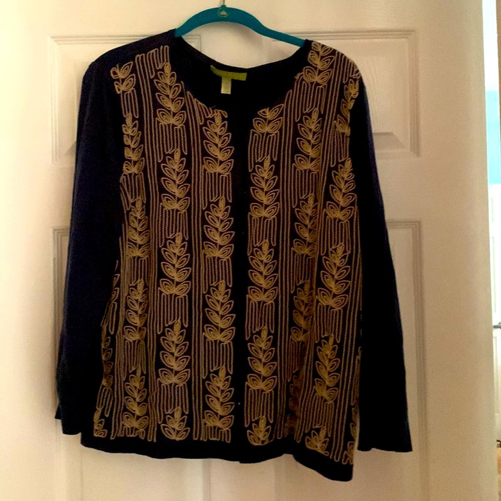 Sigrid Olsen button down cardigan in navy blue with tan embroidered design.